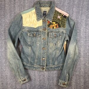 Vtg Gap Womens Jean Jacket Asian Embroidered Silk‎ Cotton Denim Size S Patchwork